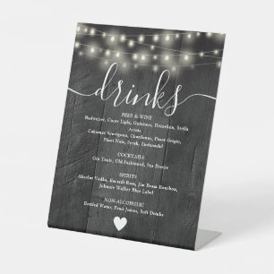 String Lights Rustic Black Barn Wood Drinks Menu Pedestal Sign