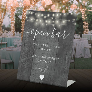 String Lights Rustic Black Barn Wood Open Bar Pedestal Sign
