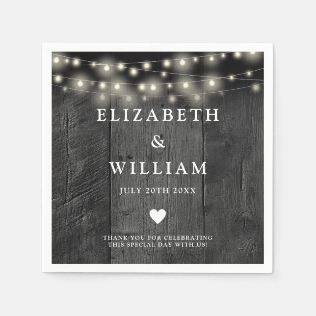 String Lights Rustic Black Wood Boho Barn Wedding Napkin (Front)