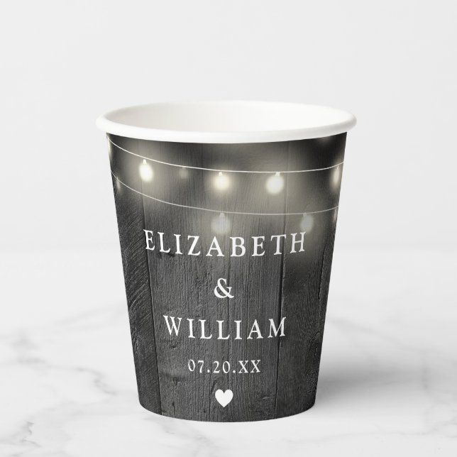 String Lights Rustic Black Wood Boho Barn Wedding Paper Cups (Front)