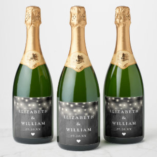 String Lights Rustic Black Wood Boho Barn Wedding Sparkling Wine Label