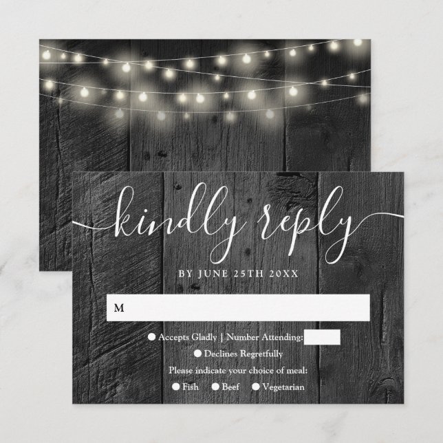 String Lights Rustic Black Wood Western Wedding RSVP Card (Front/Back)