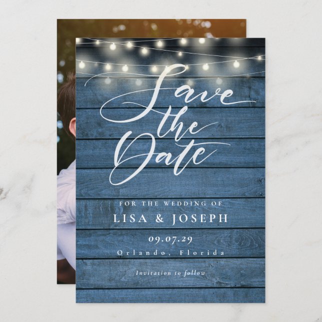 String Lights Rustic Blue Wood Photo Wedding Save The Date (Front/Back)