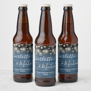 String Lights Rustic Blue Wood Script Wedding Beer Bottle Label
