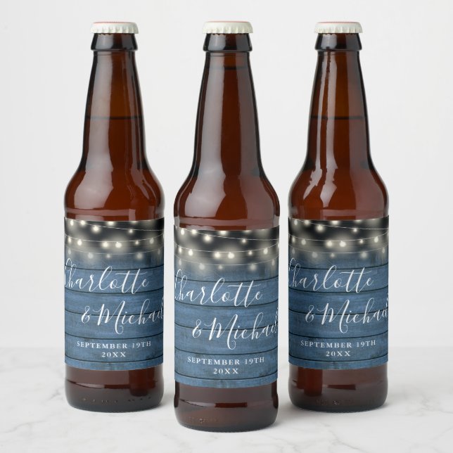 String Lights Rustic Blue Wood Script Wedding Beer Bottle Label (Bottles)