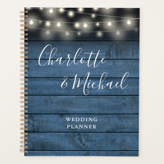 String Lights Rustic Blue Wood Script Wedding Planner (Front)