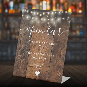 String Lights Rustic Boho Barn Wood Open Bar Pedestal Sign