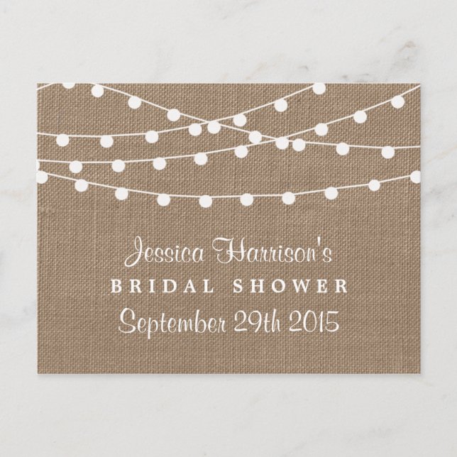 String Lights, Rustic Burlap Bridal Shower Recipe Postcard (Front)