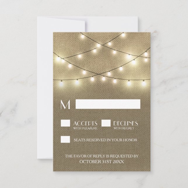 String Lights + Rustic Burlap Wedding RSVP Cards (Front)