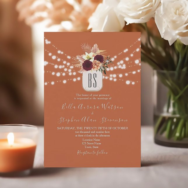 String Lights Rustic Burnt Orange Wedding Invitation (Creator Uploaded)