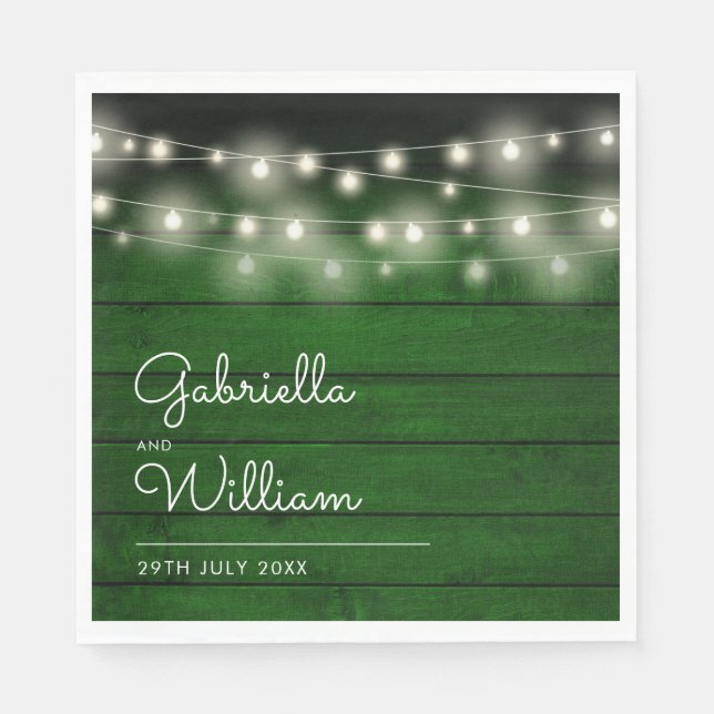 String Lights Rustic Green Wood Elegant Script Napkin (Front)