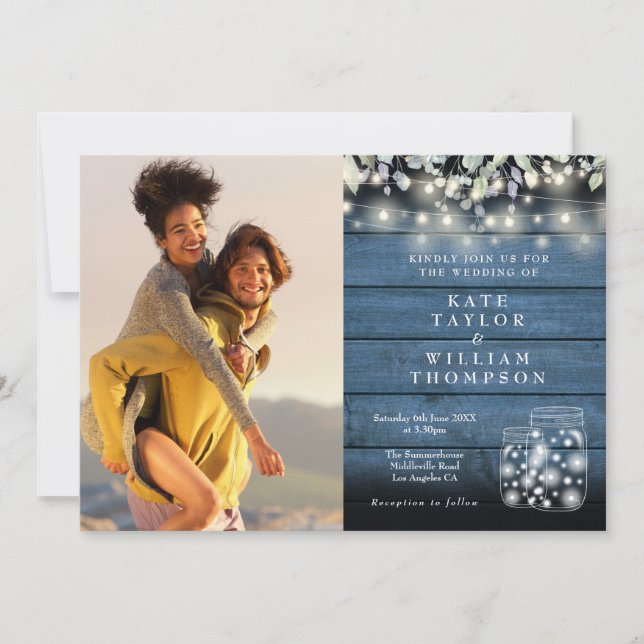 String Lights Rustic Jars Greenery Photo Wedding Invitation (Front)