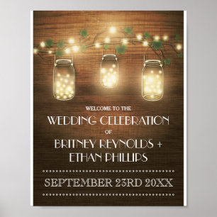 String Lights Rustic Mason Jar Wedding Welcome Poster