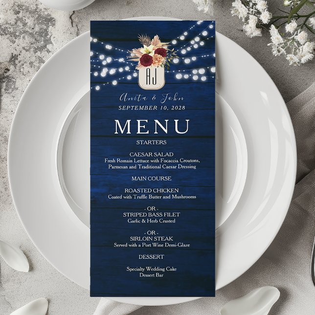 String Lights Rustic Navy Blue Wedding Menu (Creator Uploaded)