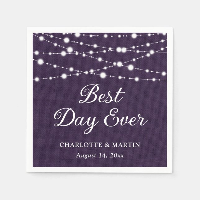 String Lights Rustic Purple Burlap Wedding Napkin (Front)