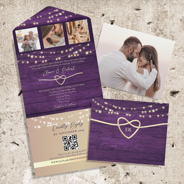String Lights Rustic Purple Wedding QR Code All In One Invitation (Creator Uploaded)