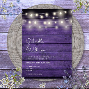 String Lights Rustic Purple Wood Wedding Invitation