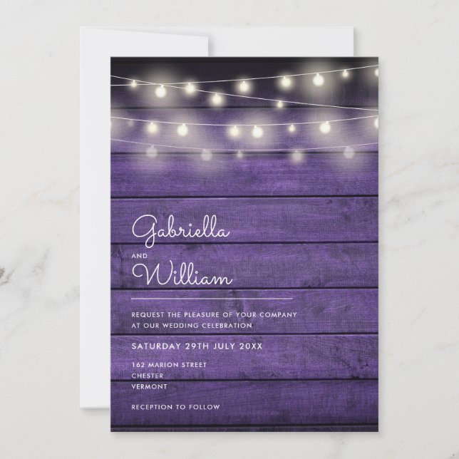 String Lights Rustic Purple Wood Wedding Invitation (Front)