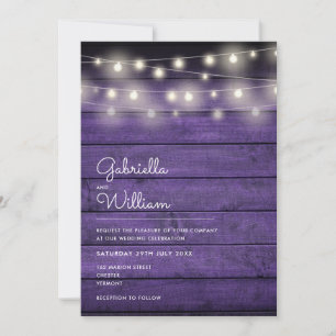 String Lights Rustic Purple Wood Wedding Invitation