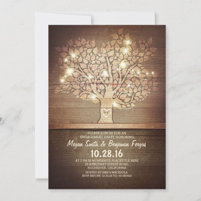 String lights & rustic tree engagement party invitation (Front)