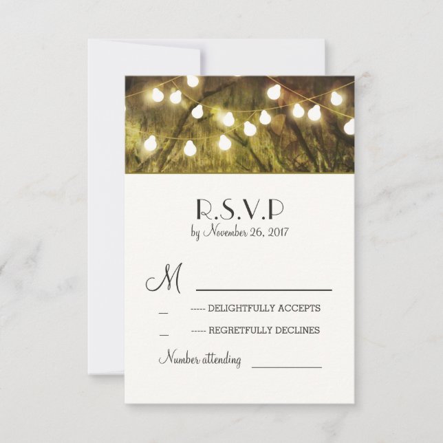 String Lights Rustic Trees Wedding RSVP Cards (Front)