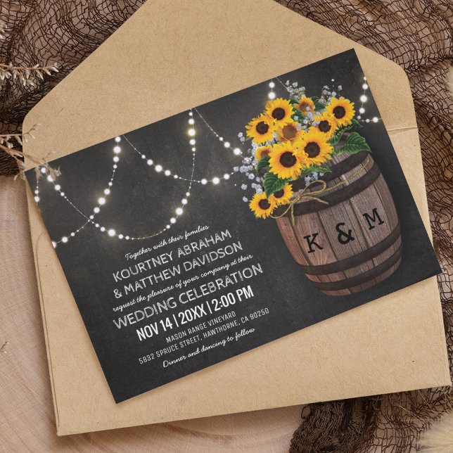 String Lights Rustic Vineyard Sunflower Wedding Invitation (Creator Uploaded)