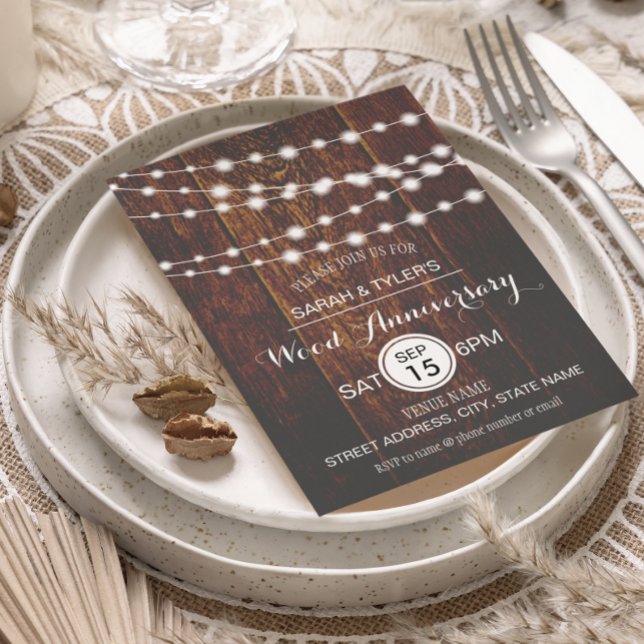 String Lights Rustic Wood Anniversary Party  Invitation (Creator Uploaded)