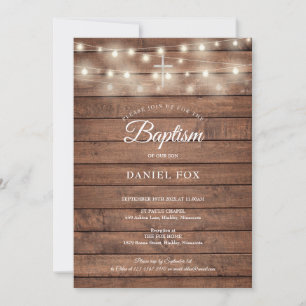 String Lights Rustic Wood Baptism Christening Invitation