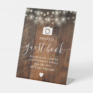 String Lights Rustic Wood Barn Photo Guest Book Pedestal Sign