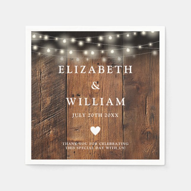 String Lights Rustic Wood Boho Barn Wedding Napkin (Front)