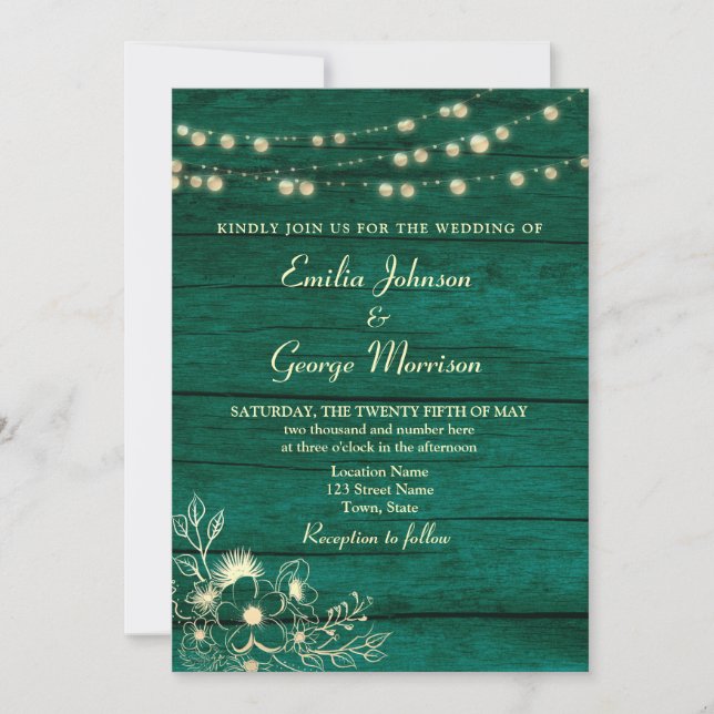 String Lights Rustic Wood Emerald Green Wedding Invitation (Front)