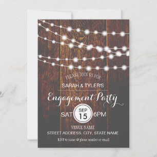 String Lights Rustic Wood Engagement Party Invites