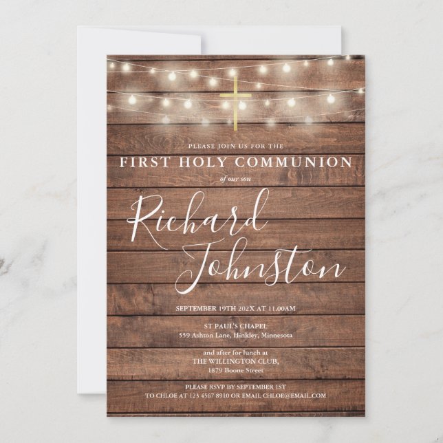 String Lights Rustic Wood First Holy Communion Invitation (Front)