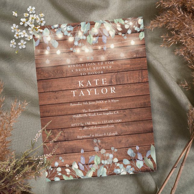 String Lights Rustic Wood Floral Bridal Shower Invitation (Creator Uploaded)