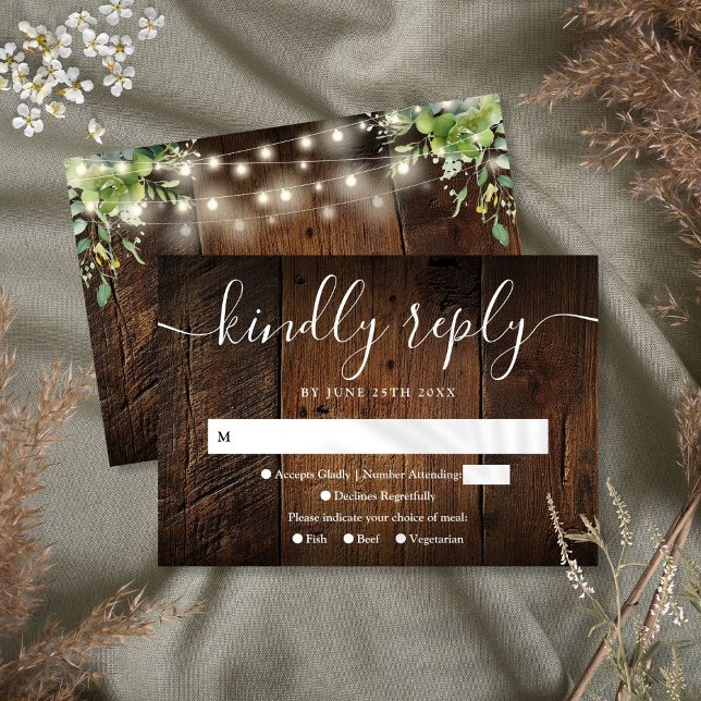 String Lights Rustic Wood Greenery Boho Wedding RSVP Card (String Lights Rustic Wood Greenery Boho Wedding RSVP Card)