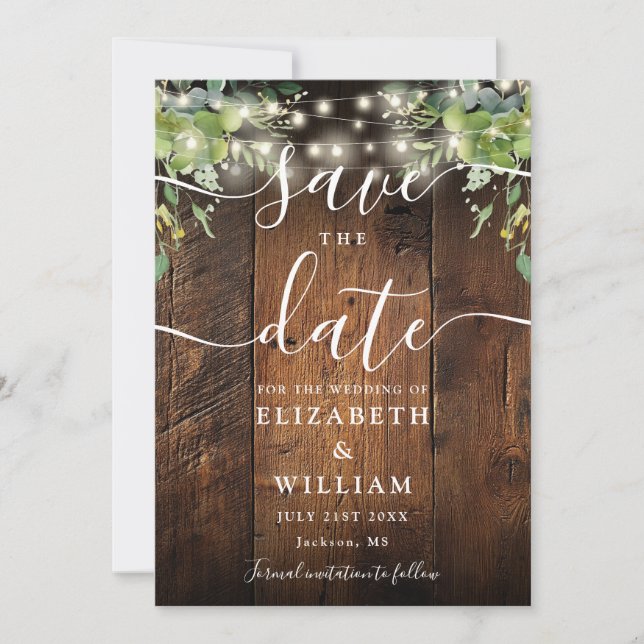 String Lights Rustic Wood Greenery Photo Wedding  Save The Date (Front)