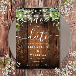 String Lights Rustic Wood Greenery Wedding  Save The Date