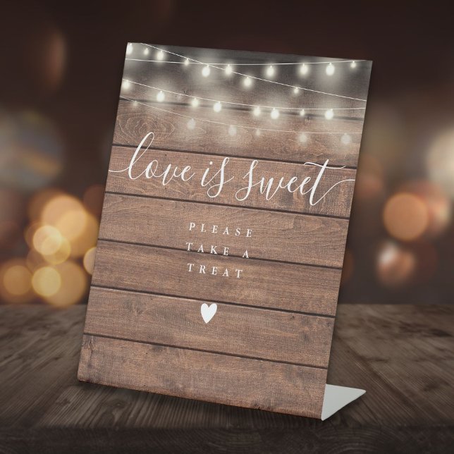 String Lights Rustic Wood Love Is Sweet Favour  Pedestal Sign (String Lights Rustic Wood Love Is Sweet Favor Pedestal Sign)