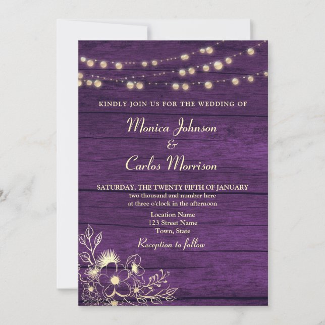String Lights Rustic Wood Purple Wedding Invitation (Front)