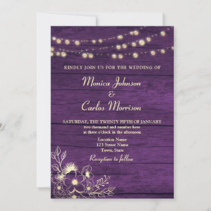 String Lights Rustic Wood Purple Wedding Invitation