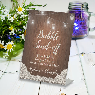 String Lights Rustic Wood Script Bubble Send-Off Pedestal Sign