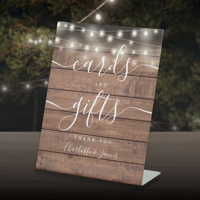 String Lights Rustic Wood Script Cards And Gifts Pedestal Sign (String Lights Rustic Wood Script Cards And Gifts Pedestal Sign)
