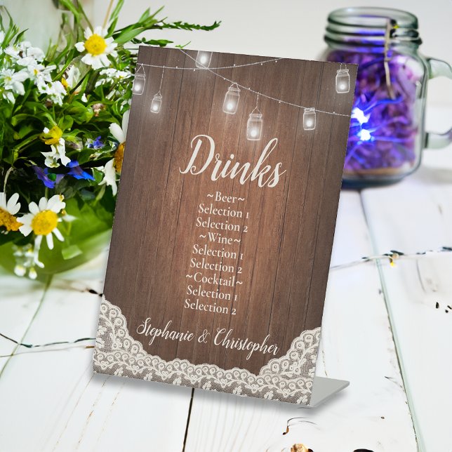String Lights Rustic Wood Script Drinks Menu Pedestal Sign (vintage wedding drinks sign)