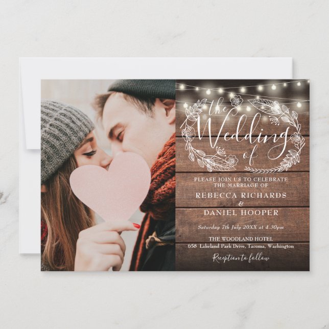 String Lights Rustic Wood Script Photo Wedding Invitation (Front)
