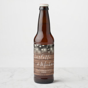 String Lights Rustic Wood Signature Script Wedding Beer Bottle Label