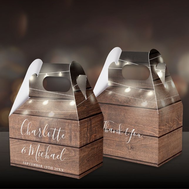 String Lights Rustic Wood Signature Script Wedding Favour Box (String Lights Rustic Wood Signature Script Wedding Favor Boxes)