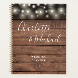 String Lights Rustic Wood Signature Script Wedding Planner