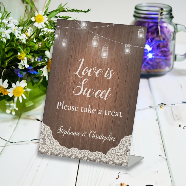 String Lights Rustic Wood Take a Treat Favour Pedestal Sign (vintage wedding table sign)