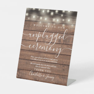 String Lights Rustic Wood Unplugged Ceremony Pedestal Sign