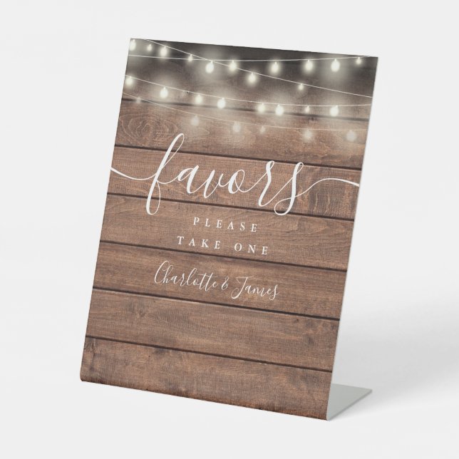 String Lights Rustic Wood Wedding Favours Table Pedestal Sign (Front)